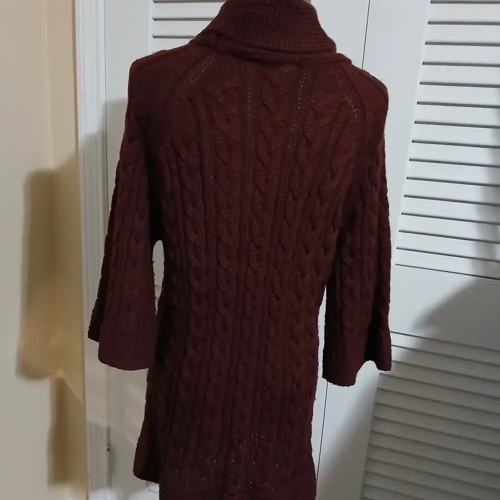 Coldwater Creek L (14/16) Maroon Cable Knit Cowl Neck Wool Blend Tunic Sweater